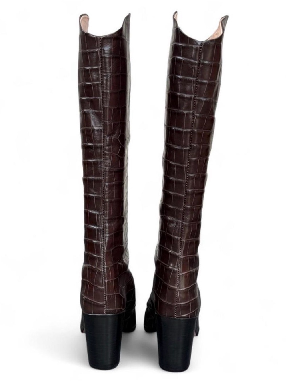 SCHUTZ Dark Brown Croc-Embossed Pointed Knee-High Boots - Picture 4 of 7